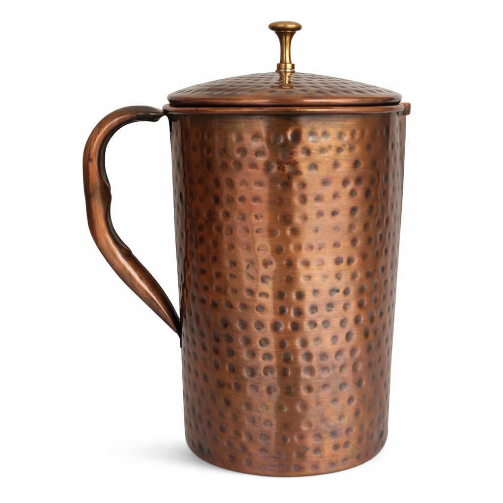 Pure copper hammered antique design jug, pitcher with brass knob on lid dark hammered, 1500 ML